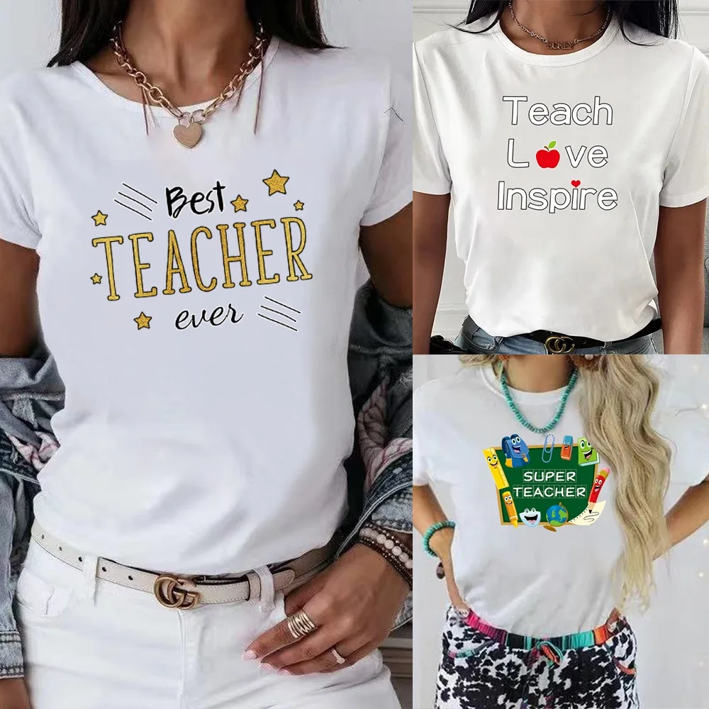 Camiseta gráfica com decote em O feminino, blusa feminina, macia, esportiva, camisa respirável, roupa estampada para professores, moda casual, tendência, 2022