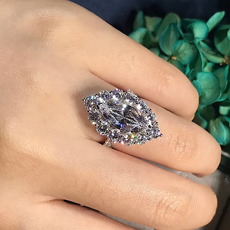 Flower Marquise cut 4ct Simulated Zircon cz ring 925 Sterling Silver Engagement Wedding Band Rings for women Party Jewelry Gift