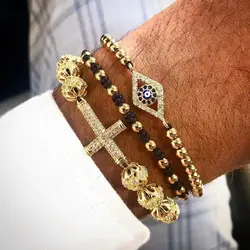 Jaravvi High Quantity Stainless Steel Beads CZ Eye Cross Charm Braided Macrame Friendship Bracelet Set Men