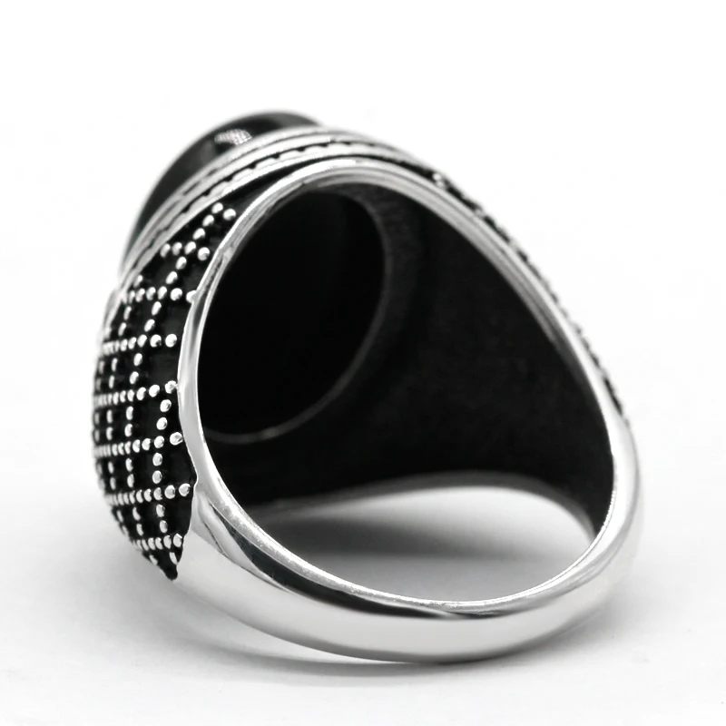 925 Sterling Silver Men Ring Bezel Setting Natural Black Agate Stone Retro Punk Thai Silver Ring for Man Women Silver Jewelry