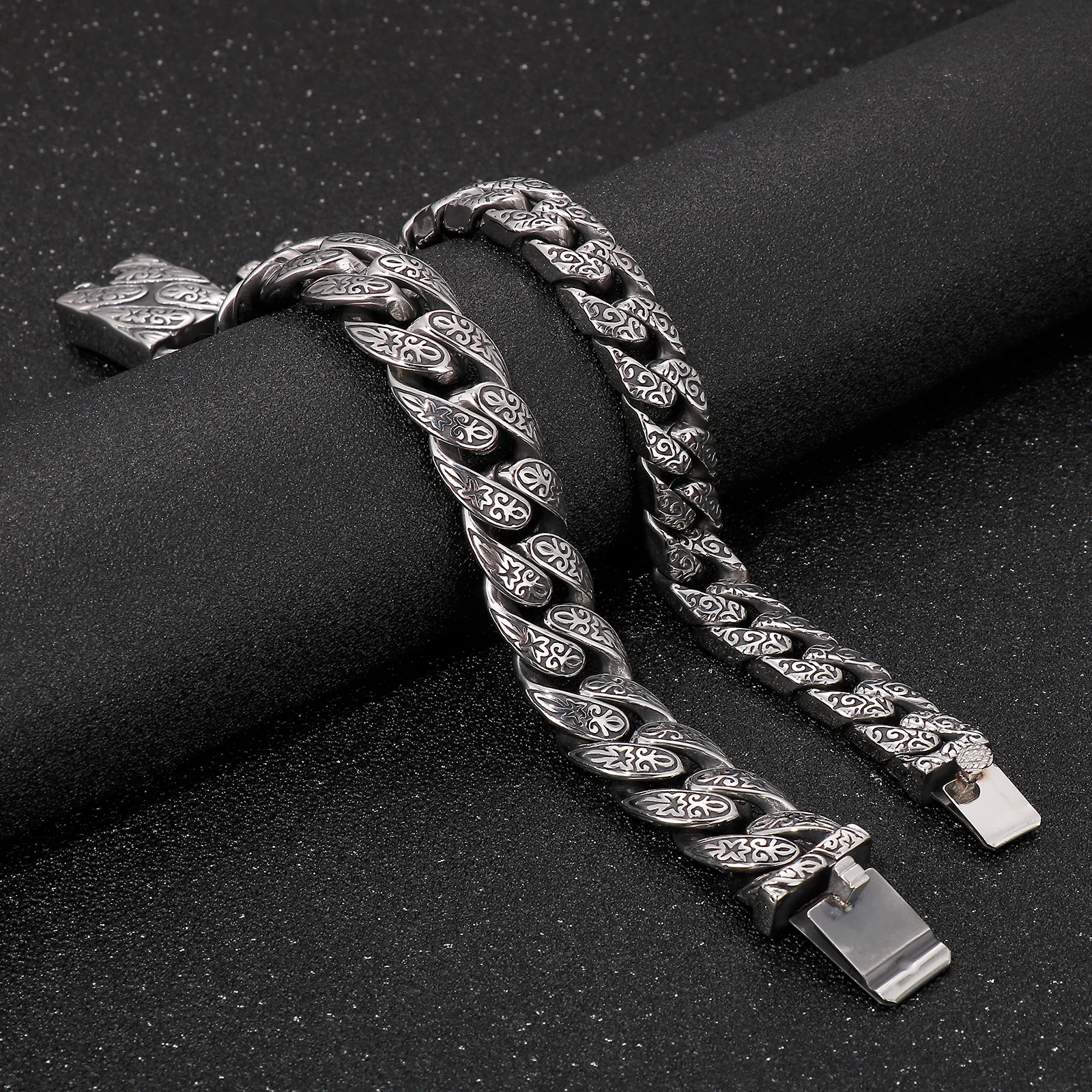 Fongten 22cm Cuban Chain Bracelet For Men Stainless Steel Totem Heavy Wristband Male Charm Bracelets Bangle Silver Color Jewelry