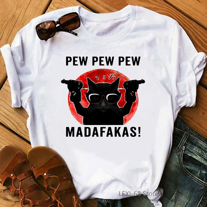 Vintage Funny Cat Pew Pew Madafakas Animal Print T-Shirt Women Graphic Tshirts Harajuku Kawaii Clothes T Shirt Female Wholesale