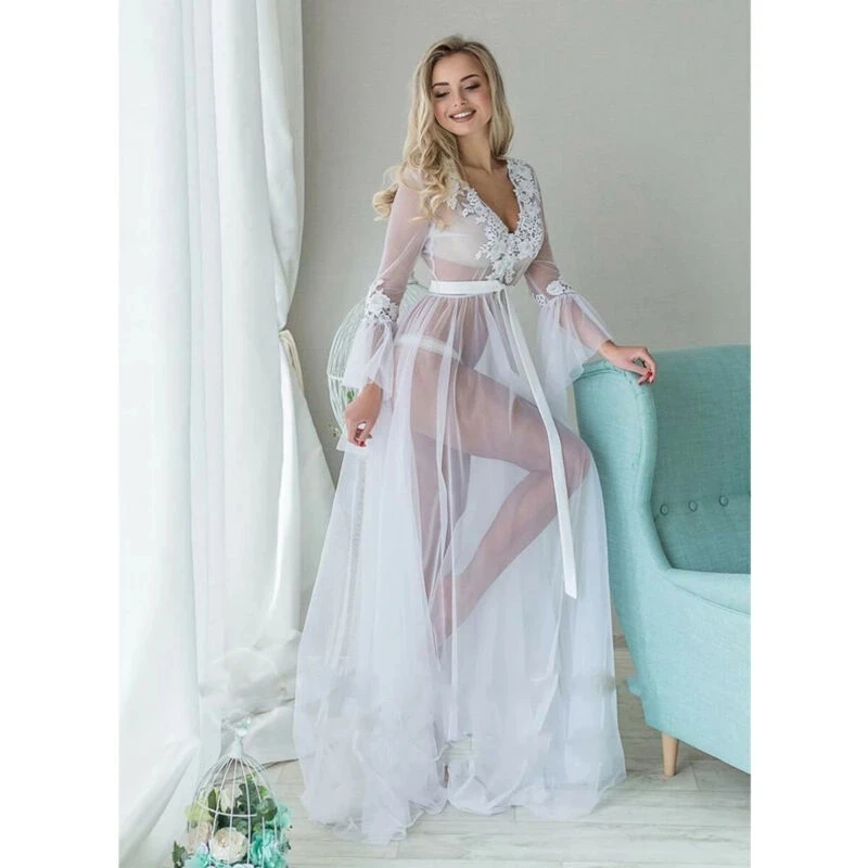 Women Sexy Long Petal Sleeve V Neck Lace See Through High Waist Lace Up Maxi Dress White Beach Bathing Wrap Bikini Cover Ups