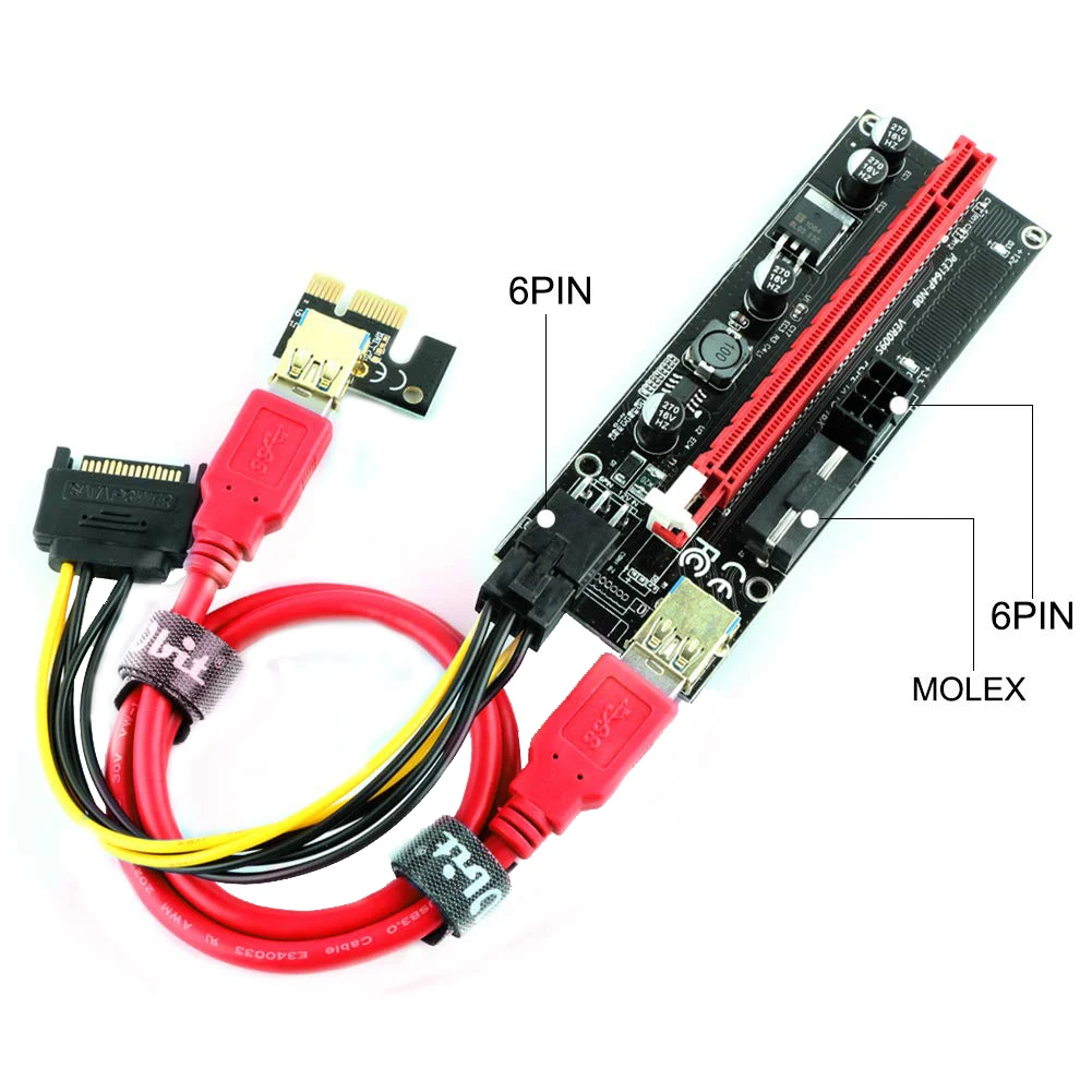 20pcs PCI-E Riser Card VER009S LED Extender 0.6m USB3.0 Adapter Cable 1X to 16x Dual 6pin Sata PCI Express For BTC Miner Mining