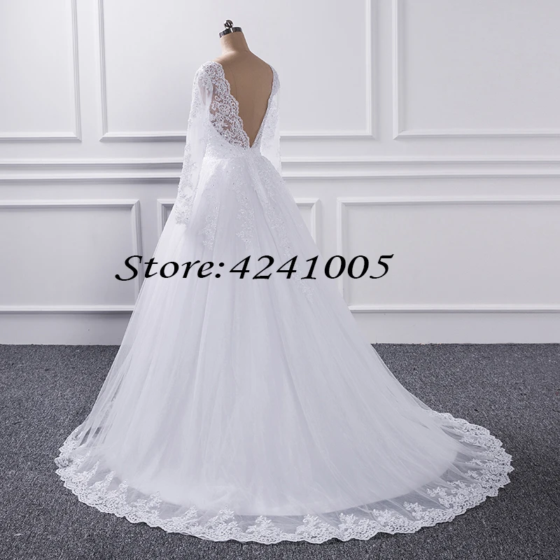 레이스 A 라인 V 넥 웨딩 드레스 2020 빈티지 신부 가운 등이없는 긴 소매 비즈 신부 드레스 Vestido De Novias 패션