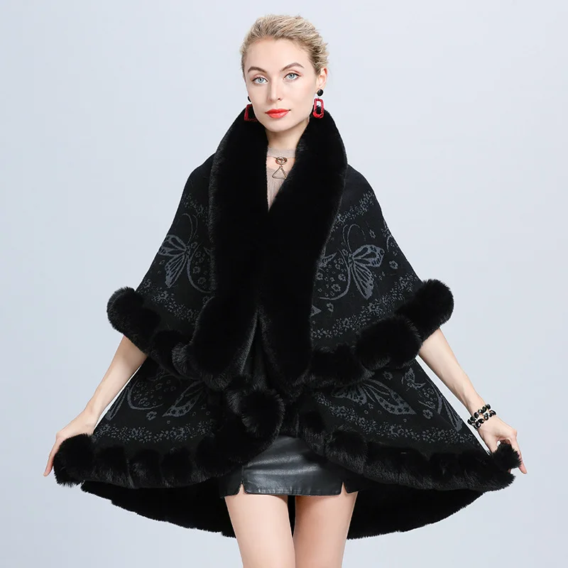 Double Layers Full Trims Faux Rex Rabbit Fur Cape Coat Knit Butterfly Jacquard Poncho Women Autumn Winter Long Cloak Cardigan