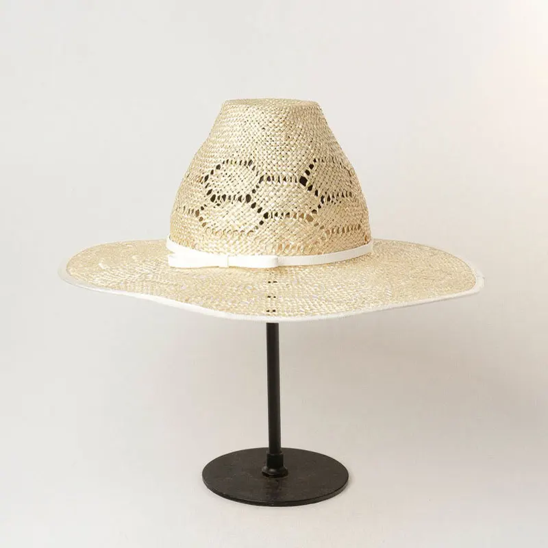 

2023 New Elegant Wide Brim Sun Hat For Women Summer High-top Ribbon Hand-woven Sisal Straw Hat Outdoor Beach Cap Custom Style