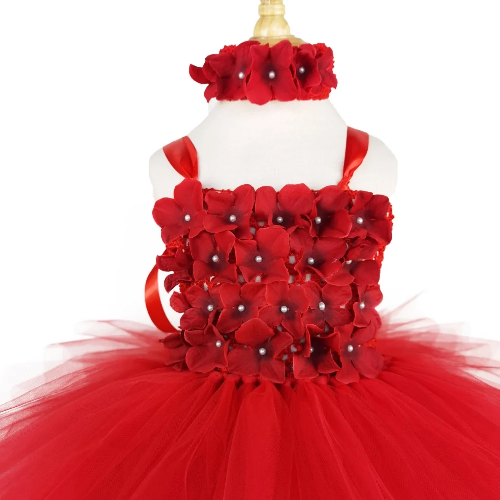 Girls Red Flower Petals Tutu Dress Baby Crochet Tulle Dress with Headband Kids Birthday Christmas Party Costume Evening Dresses