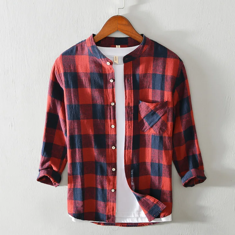 

New style cotton and linen stand collar plaid shirt men fashion red plaid shirts for men casual comfortable shirt mens chemise