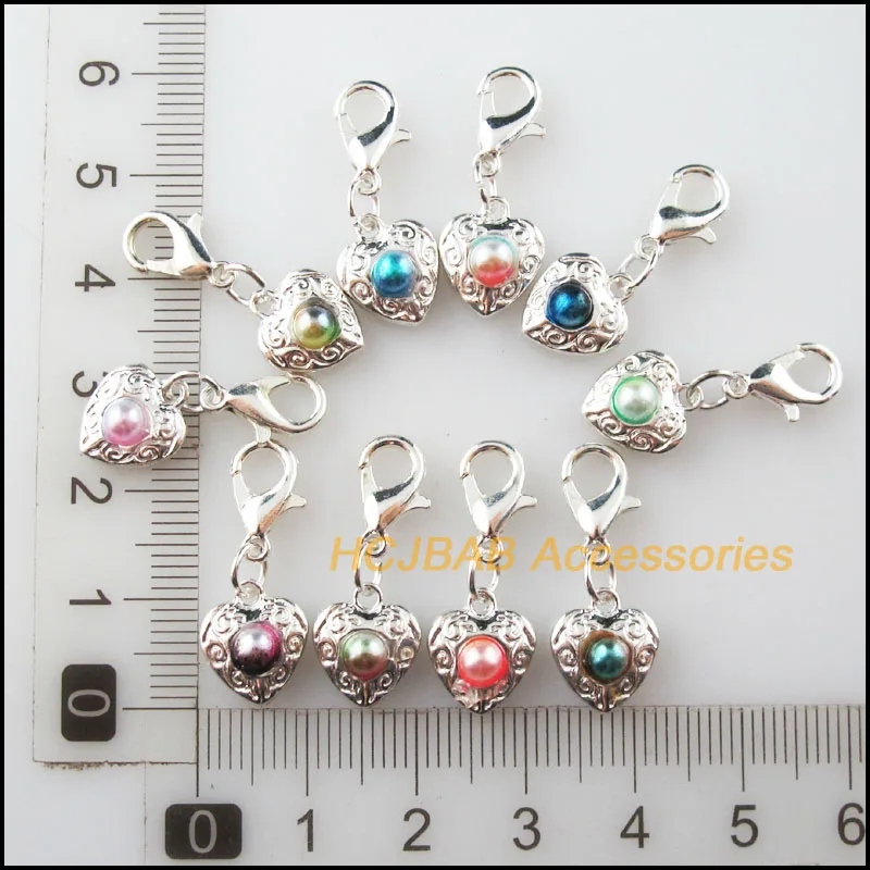 10 New Heart Flower Charms With Lobster Claw Clasps Multicolored Mixed Beads Silver Plated