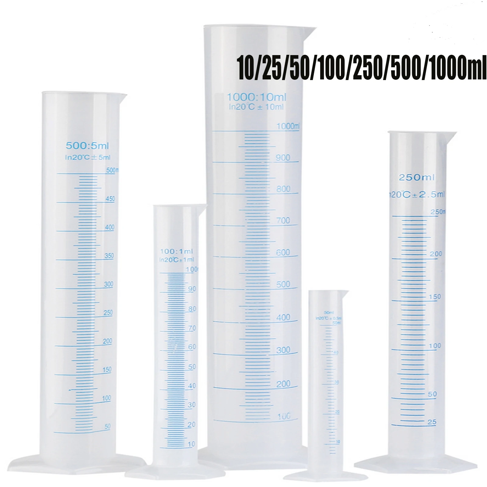 투명 측정 플라스틱 눈금 실린더 플라스틱 측정 시험 액체 튜브 실험실 도구, 10ml, 25ml, 50ml, 100ml, 4 개