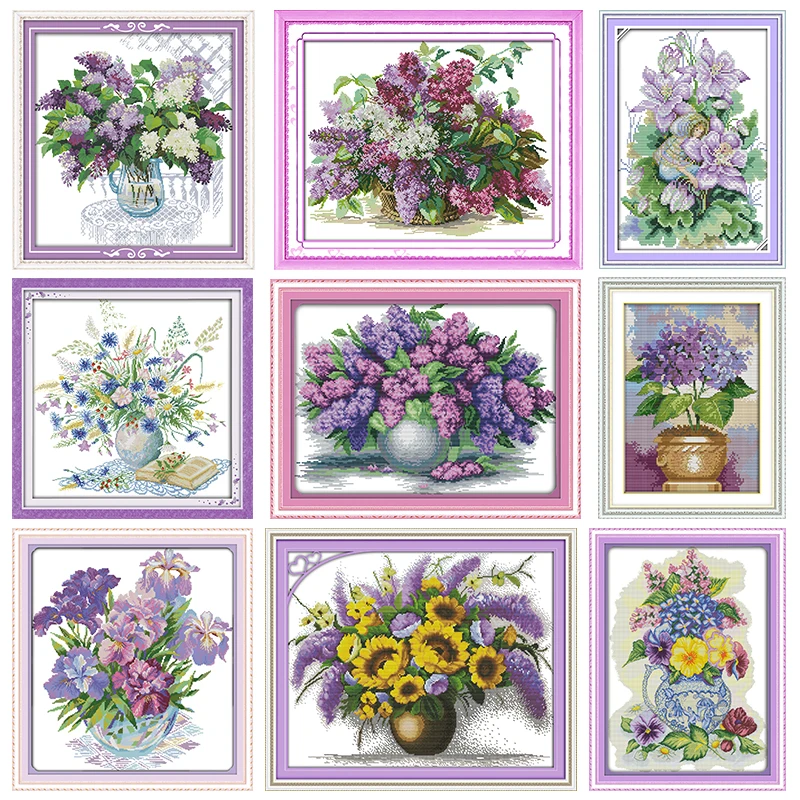 Lilac Embroidery Needlework Handmade Flower Cross Stitch Kit 11CT 14CT Printed Counted Stamped Patterns Fabric Thread Decor Sets