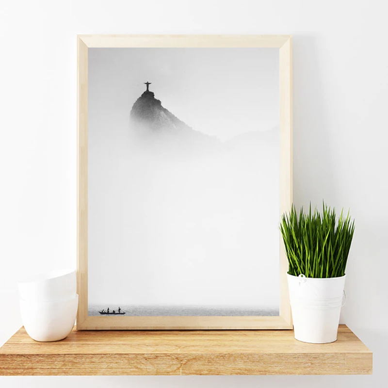 Christ the Redeemer Statue Black White Canvas Poster Brazil Statue Foggy Moody Minimalist Wall Art Painting Picture Home Decor