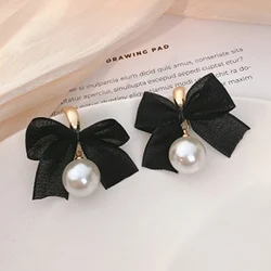 2021 New Korean Sweet Black Bowknot Pearl Drop Earrings For Woman Party Girl's Lovely Unusual Earrings Jewelry Gift