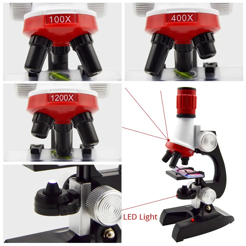 100X 400X 1200X LED Lighted Children Toy Monocular Plastic Biological Microscope Kid's Birthday Educational Gift