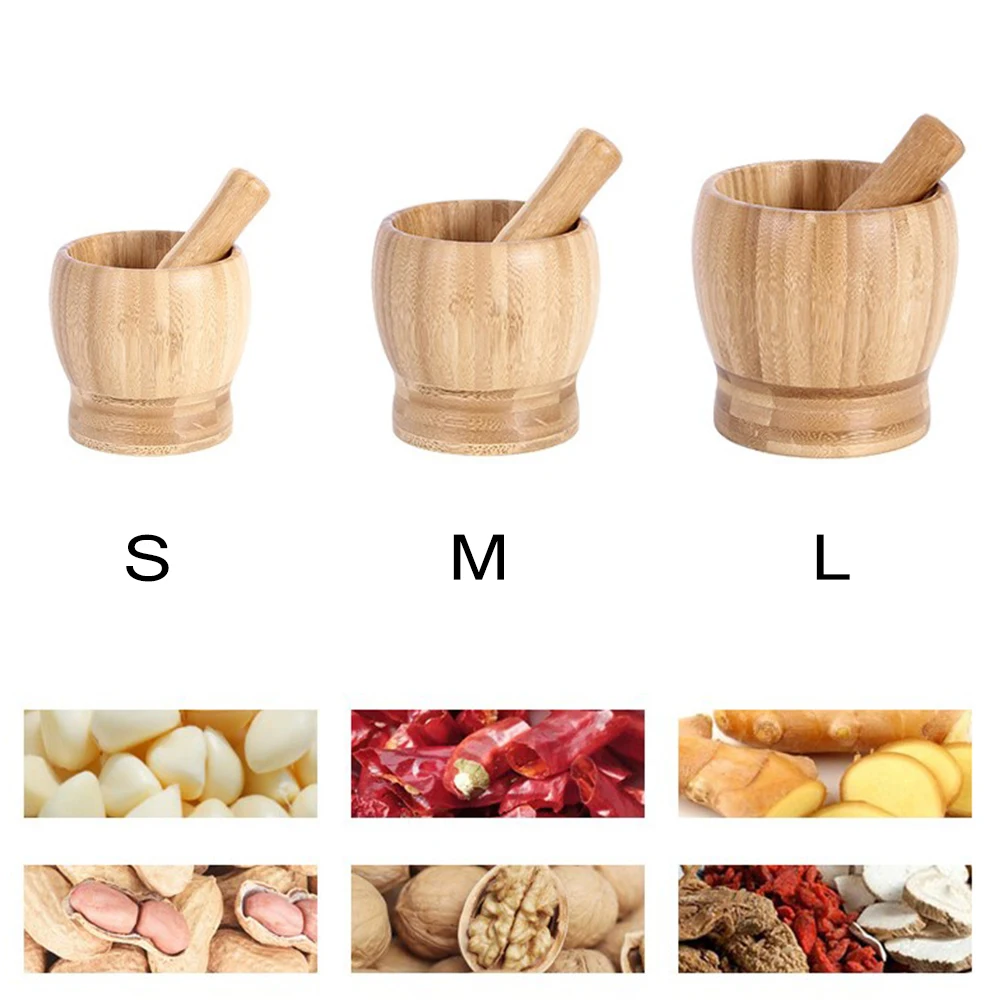 Manual Garlic Grinder Bamboo Mortar Pestle Set Herb Crush Pedestal Garlic