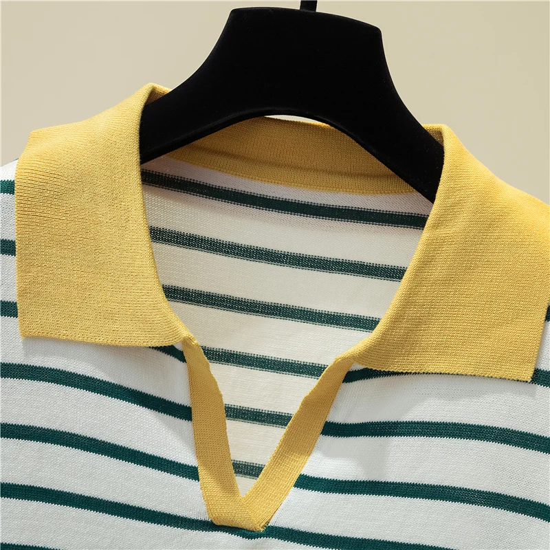 Striped v-neck pullover polo sweater women\'s early autumn all-match tops long-sleeved knitted bottoming sweaters jumpers