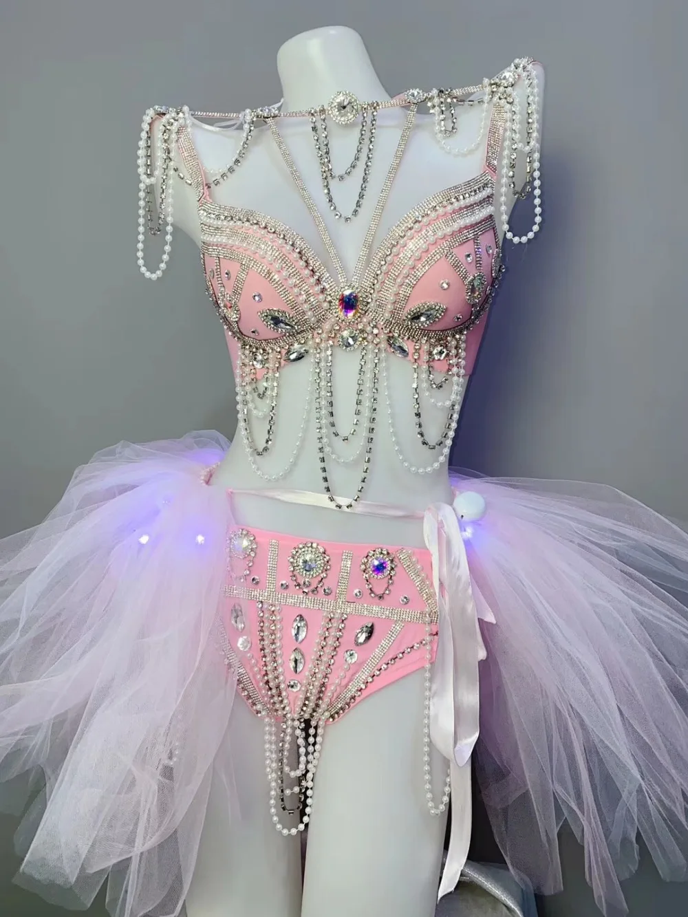 

Bar Club Party Show Women Stage Wear Pink Beads Rhinestones Bikini 3-Pieces LED Dance Outfit Dance Team DJ Performance Costume