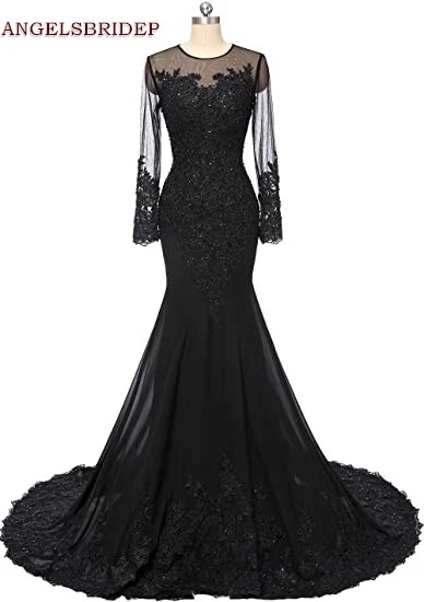 

ANGELSBRIDEP Black Long Sleeves Mermaid Prom Dresses Chiffon Vestidos de festa Formal Sheer Neck Evening Party Gowns