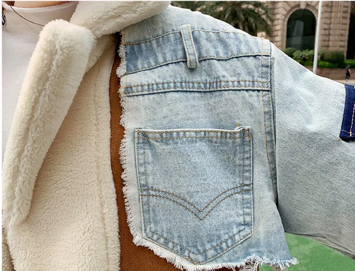 2021 Winter Fashion Patchwork Irregular Hit Color Coats Women Lapel Collar Long Sleeve Vintage Autumn Denim Jackets Female