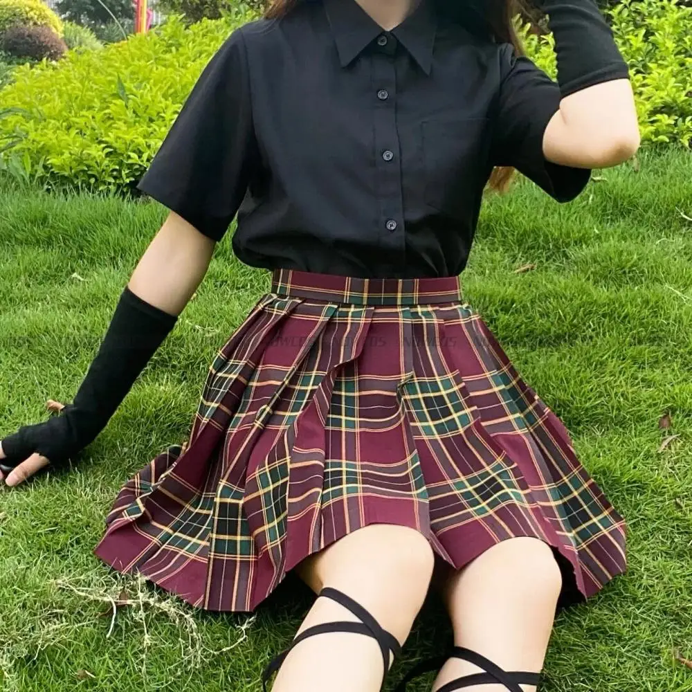 [Black Hawthorn] JK School Uniform Red Plaid Skirts For Girls Short/Long High Waist Pleated Skirts Women Dress Students Clothes