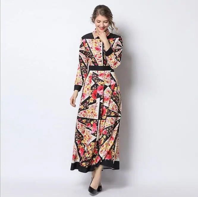 Hot Spring Summer New Female Positioning printing Dress Autumn Sleeve Vestido Women Fashion Casual Cute Long Dresses