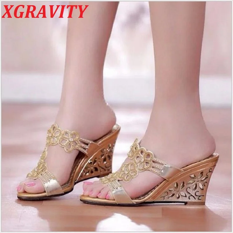 

2021 New Fashion Summer Shoes Elegant Ladies Slides Rhinestone High Heel Wedge Shoes Ladies Genuine Leather Crystal Footwear