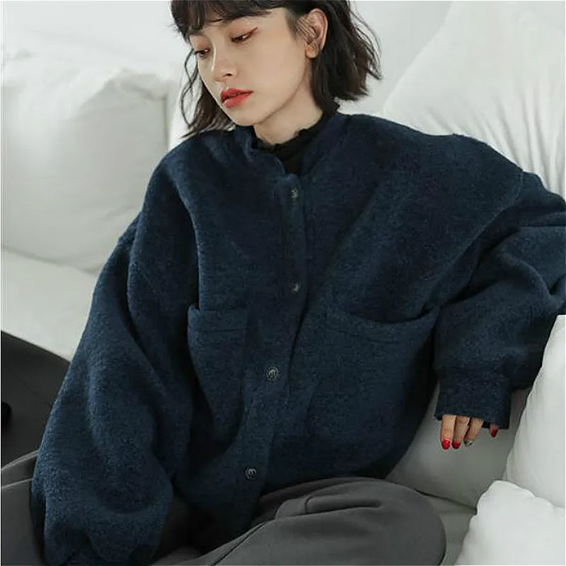 Basic Jackets Women All-match Solid Teenagers Trendy Pockets Long Sleeve BF Casual Popular Jacket Lady Clothes Navy Blue Ulzzang