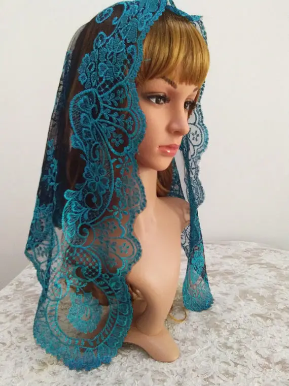 Blue on Black Lace Shawl Chapel Catholic Veil Embroidery Spanish Lace Mantilla