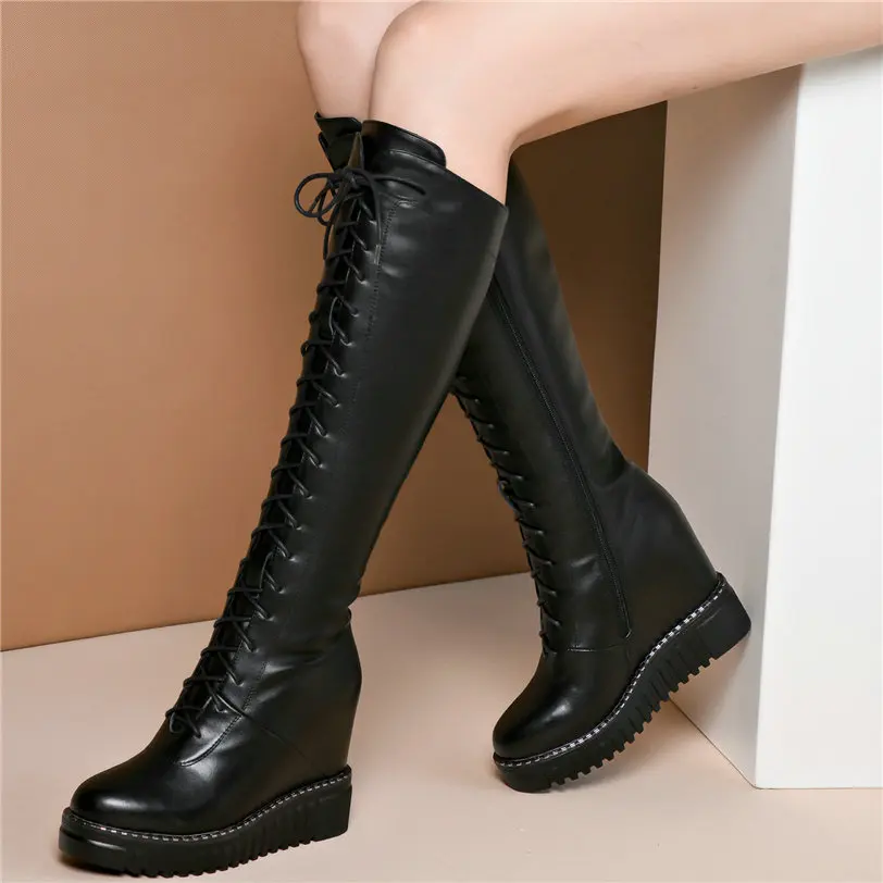 2020 Women Lace Up Genuine Leather Wedges High Heel Knee High Boots Female Winter Warm Warm Thigh High Platform Fashion Sneakers