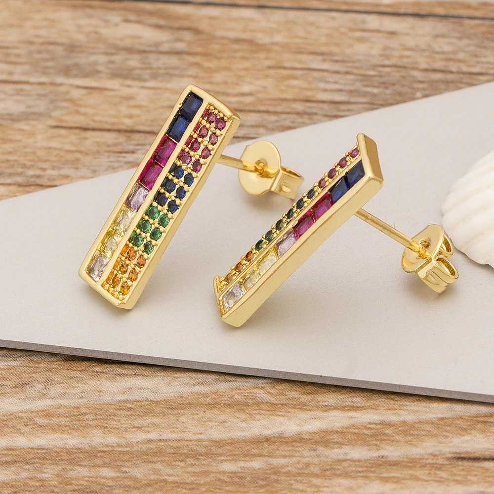New Trendy Rectangle Stud Earrings Copper Cubic Zircon Rainbow Earrings Jewelry For Women Girls Party Wedding New Year Gift