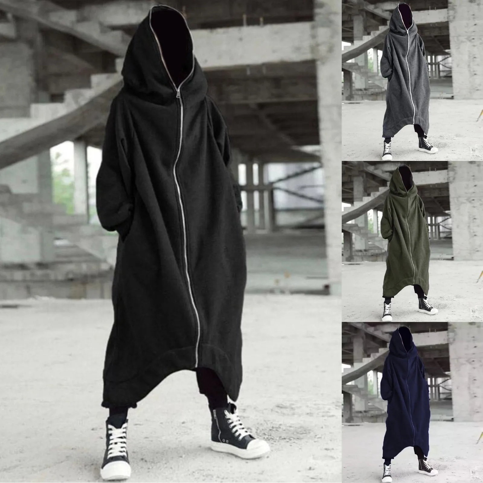 Men\'s Zipper Long Hooded Solid Color Personality Dark Style Full Body Sweatshirts Winter Warm Male Hip Hop Jacket Plus Size 5xl