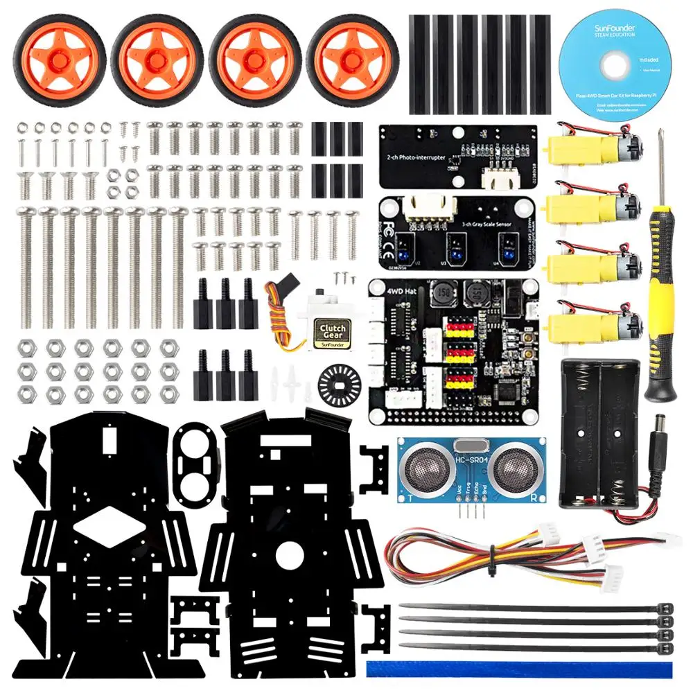 CC SunFounder Raspberry Pi Car Robot Kit, 4WD HAT Module, Ultrasonic Sensor, Velocity Measurement Module，DIY Robot