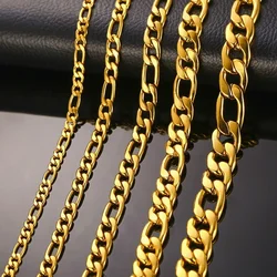 Men's Figaro Chain Necklace Curb Link  Gold Color Stainless Steel Male Colar Jewelry 24 inches