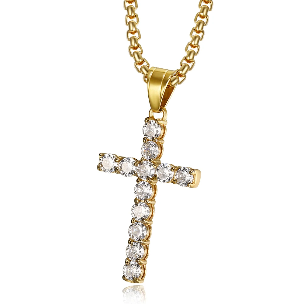 Iced Out Choker Cross Pendant Necklace For Women Gold Silver Color Stainless Steel Long Chains Christian Jewelry Dropshipping