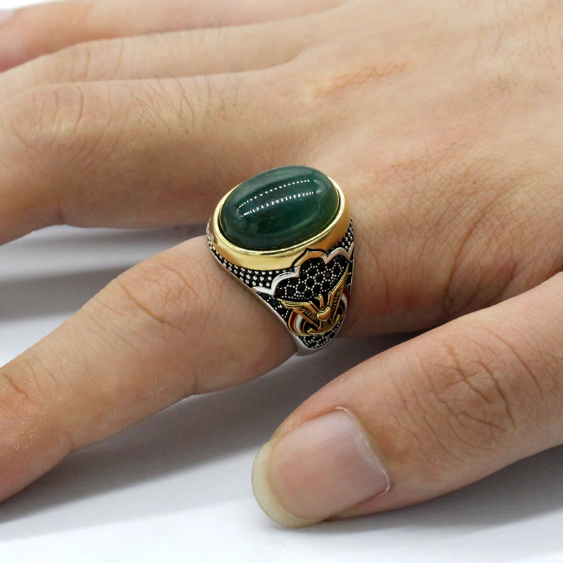 Turkey Jewelry Men Ring with Green Natural Agate Stone 925 Sterling Silver Vintage Eagle CZ Enamel Gold Ring for Women Male Gift