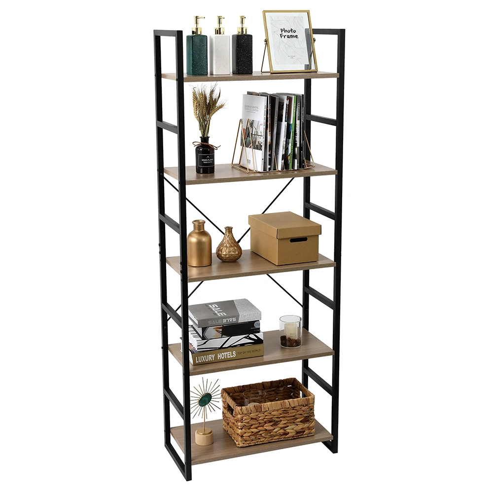 

5-Tier Bookcase Storage Organizer Shelf High Quality Wood and Metal Bookshelf Rack X Frame Design 60x30x158CM Gray[US-Stock]