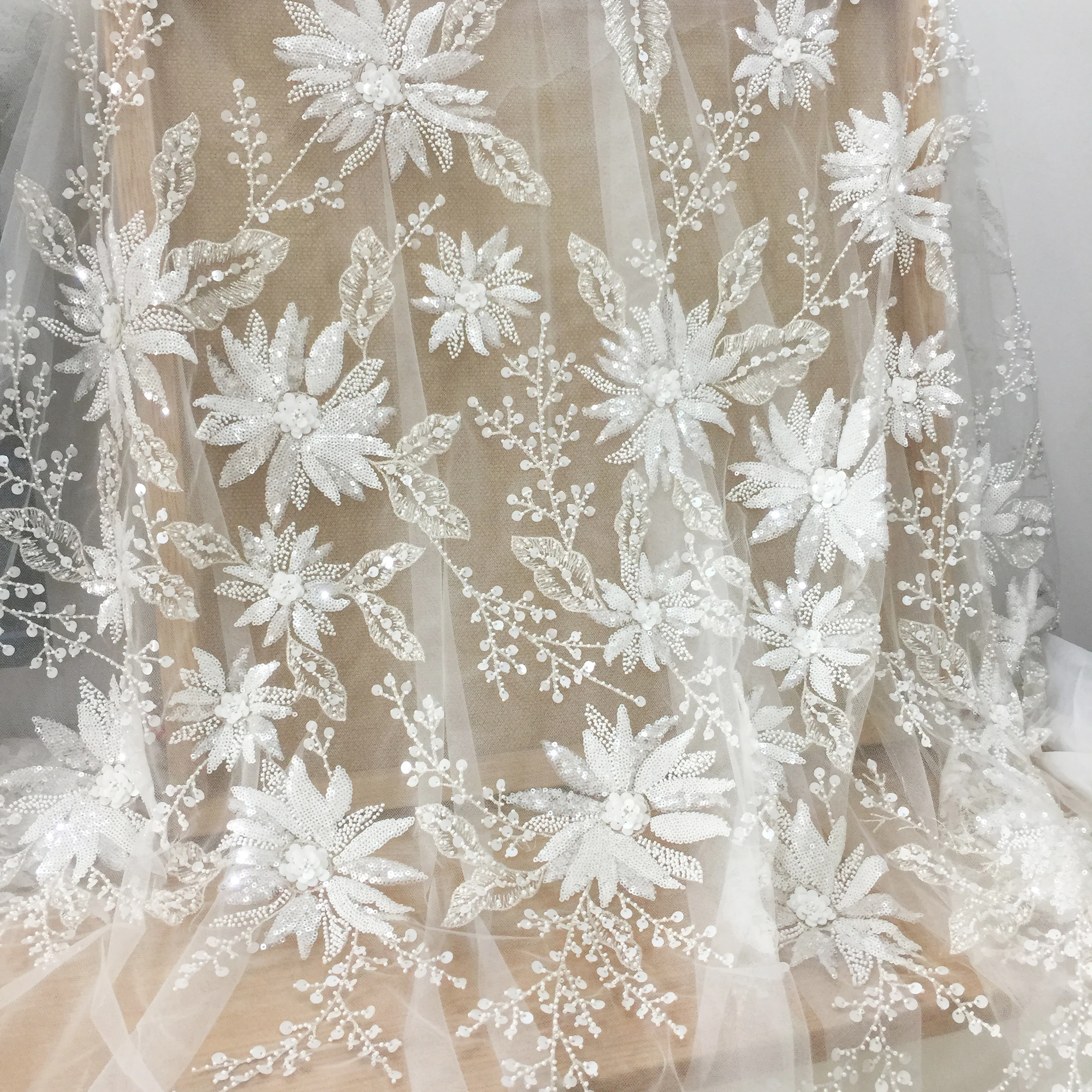 Luxury 3D Beaded Haute Couture Fabric Lace by Yard, Bridal Gown Wedding Dress Tulle Sequin Fabric in Off  White