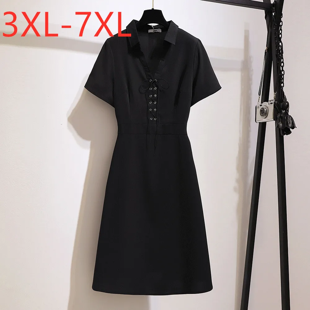 Vestido de manga curta para mulheres, tamanho grande, solto, preto, estilo francês, vintage, pescoço em V, arco, 4xl, 5xl, 6xl, 7xl, novo, verão, 2023