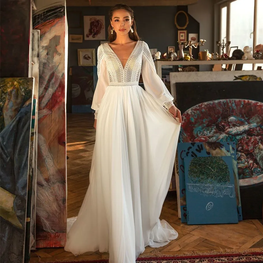 

Bohemian Puff Sleeves Wedding Dresses Lace Backless V Neck Bridal Gowns Simple Chiffon Robe Party Custom Made Vestido De Novia