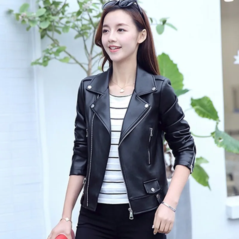 UHYTGF Luxury PU leather spring autumn leather jacket women fashion Women Slim short biker jacket Big size jaqueta de couro 313