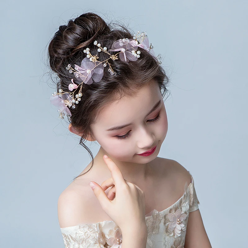 Bridal Hair Accessories Wedding Women Pearl Hairband Fairy Pink Wreath Girl Head Flower Crown Golden Wire for Female Decoration