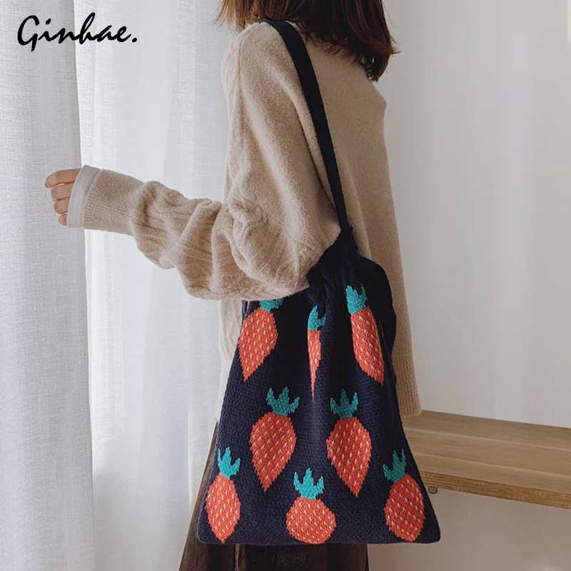 Autumn And Winter Fashion Women Bohemian Fruit Knit Bag Retro Panelled Woolen Bag Large Capacity Cartoon Tote Bag Bolsos Mujer