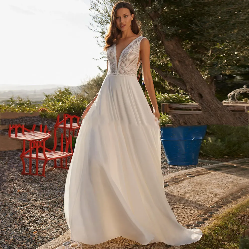 Abito da sposa in Chiffon con scollo a v per donna pizzo Backless A-Line manica staccabile abiti da sposa Beach Robe De Mariée personalizza