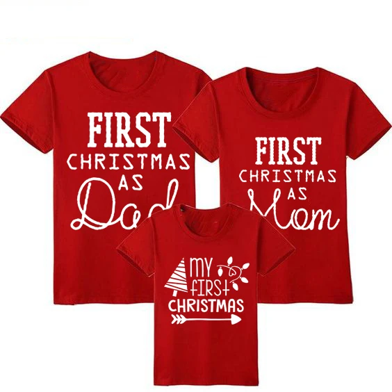 1pcs First Christmas As Mom Dad T-shirt Funny Family Matching Christmas Tshirt Mommy Daddy Baby Short Sleeve Red T Shirt Clothes