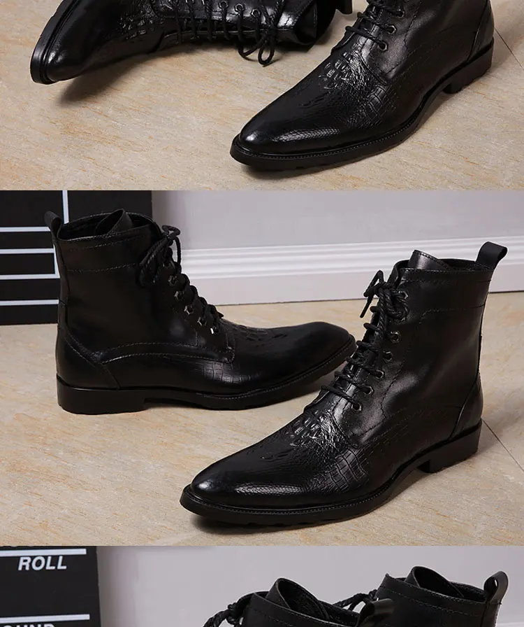 Frühling und Herbst Spitze High-Heel-Stiefel für Herren Großbritannien Oberschichtleder Schnürstiefel mit Nieten Serpentinen Show Office Herrenschuhe – Detail 22