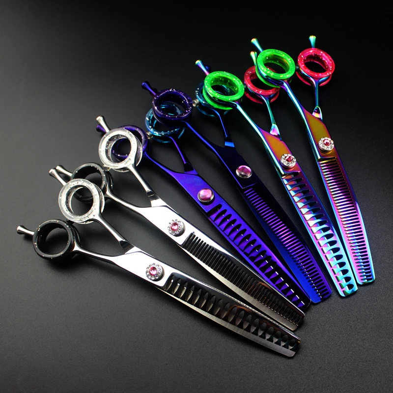 professional Japan 440c 7 '' Color pet dog grooming Curved hair scissors dog barber haircut thinning shears Hairdresser scissors