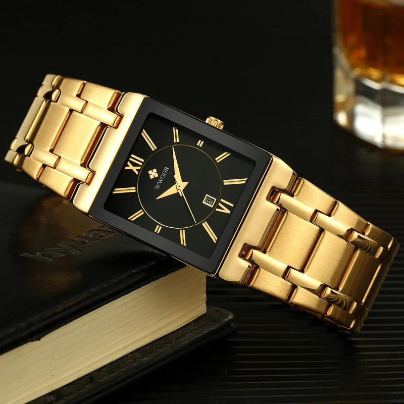 WWOOR Mens Square Quartz Wrist Watches Luxury Gold Black Watch Stainless Steel Waterproof Automatic Date Clock Relogio Masculino