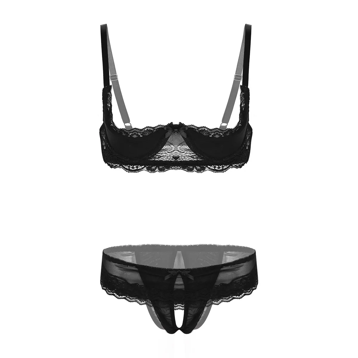 

Womens Exotic Lingerie Set Sheer Lace Open Cup Bra Top with Crotcless Panties Briefs Thong Exposed Breasts Underwear Clubwear