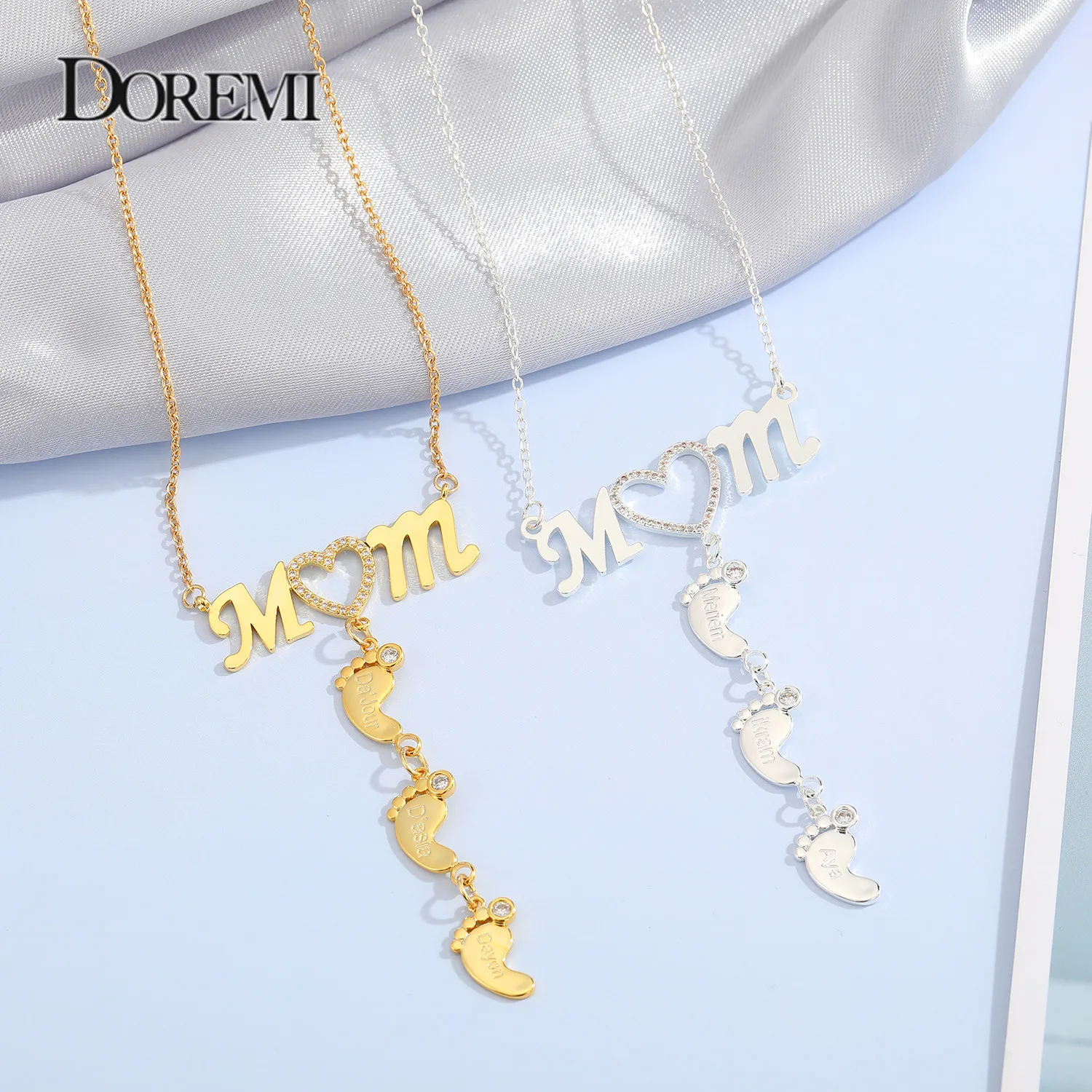 

DOREMI Baby Feet Drop Pendant MOM Necklace Name Necklace Pendant Custom Birthdate Personalized Inlay CZ Heart Necklaces